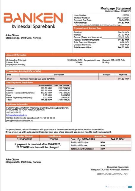 Download Norway Kvinesdal Sparebank mortgage statement Word and PDF template Photoshop template